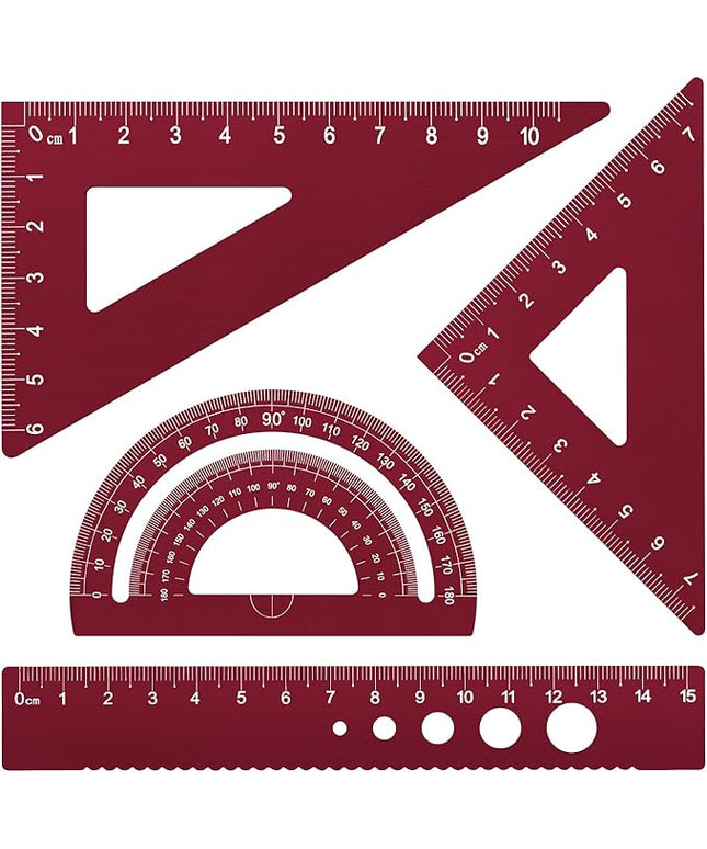 Honagu Triangular Ruler Set, 4 Pieces Aluminum Alloy Ruler, Metal Drafting Ruler, Geometric Protractor for Students, Draftsmen, Engineers, School Office Supplies (Rose Red)