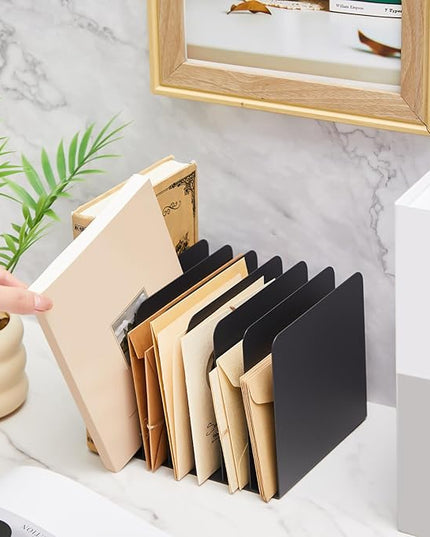 Suzile Metal Desktop File Organizer, 7 Compartments, Vertical File Sorter, Black, 5.79" W x 7.09" L x 5.41" H, Office, Reception Areas, Workspace