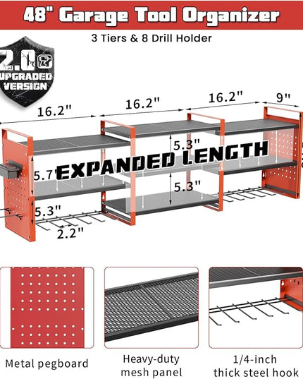 Heavy-Duty 48" Wall Mount Power Tool Organizer with Charging Station – 3-Tier Garage Organization Rack for Drills, Wrenches & Tools – Includes 16 Hooks & Pegboard Sides