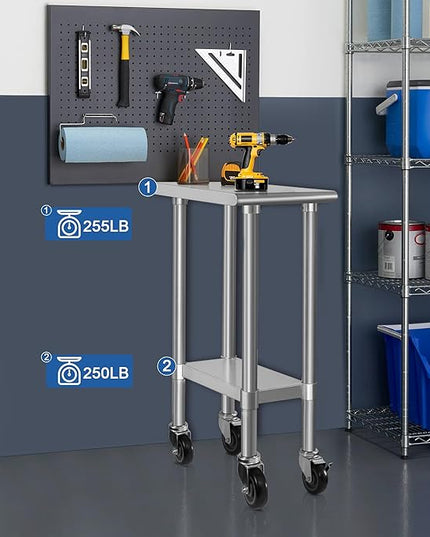 HARDURA Stainless Steel Commercial Table Prep & Work Table with Casters Heavy Duty Metal Table with Wheels NSF 430 24×12 Inches