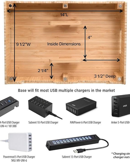 MobileVision Bamboo 12-Port Charging Station & Docking Organizer for Smartphones & Tablets, Family-Sized, for use in Corporate Offices & Classrooms