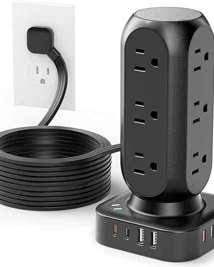 Flat Plug Power Strip Tower, TenTrend Dual PD 20W USB-C Surge Protector with 12 AC Outlets & 8 USB Ports (4 USB C), 40W Total Fast Charging Station, 10FT Extension Cord for Desk Office Dorm Room