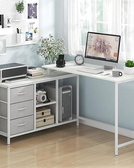 Tangkula 81 Inch L-Shaped Desk with Power Outlet, Convertible Corner Desk with Drawers & Shelves, Office Desk for Working, Studying, Gaming (White)