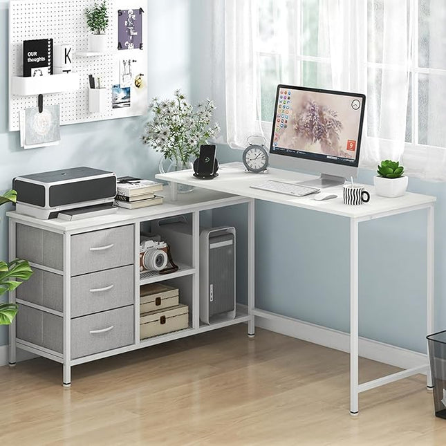 Tangkula 81 Inch L-Shaped Desk with Power Outlet, Convertible Corner Desk with Drawers & Shelves, Office Desk for Working, Studying, Gaming (White)