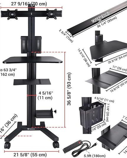 Yescom Mobile PC Stand Workstation with Dual Monitor Mount for Screen Up to 32" Black