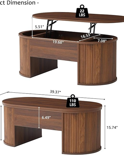 QHITTY Fluted Coffee Table with Lifting Top, Oval Wood Lift Top Coffee Table with Hidden Compartment, Mid Century Pull up Center Tables for Living Room, Office - Walnut