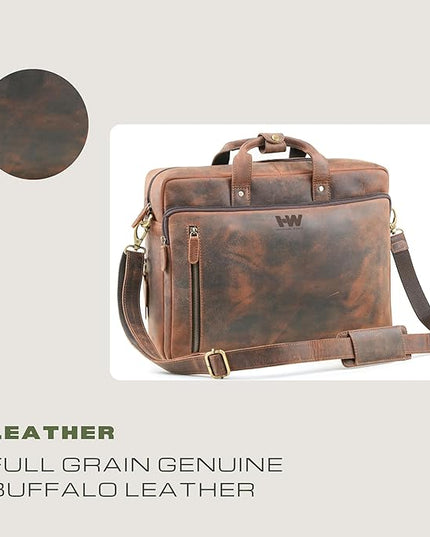 Handmade World Leather Briefcase For Men 'The Contemporary' Fits 17 Inch Laptop Computer Messenger Crossbody Shoulder Bag For Business Travel Office Work
