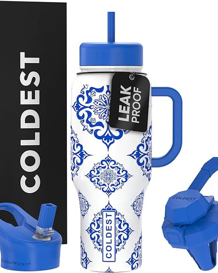 Coldest Tumbler with Handle and Straw - 100% Leak Proof Insulated Tumbler with Lid and Straw (3 Lids) - Stainless Steel Tumblers for Women & Men - Cup Holder Friendly Base, 36 oz (The European)