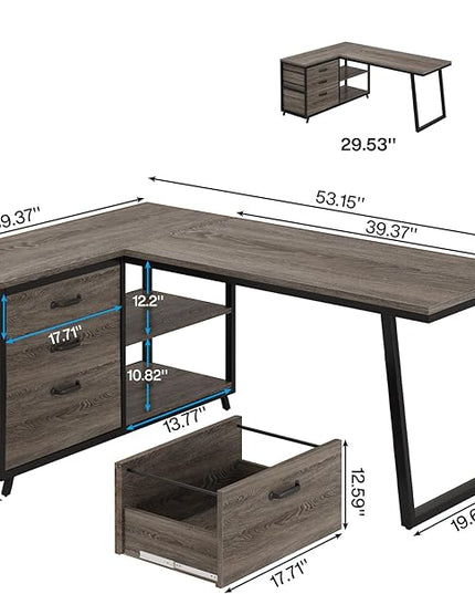 Tribesigns L-Shaped Desk with 3 Drawers, Reversible Corner Home Office Computer Desk with Shelves, 53-Inch Industrial PC Desk Study Writing Table Workstation for Small Space, Grey
