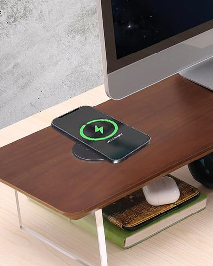SUIBIAN Elegant Wood & Acrylic Monitor Stand with 15W Wireless Charging – 31.5" Large Desk Riser for Ergonomic View, Desktop Organizer, Laptop & PC | Modern Floating Design(Walnut Wood)