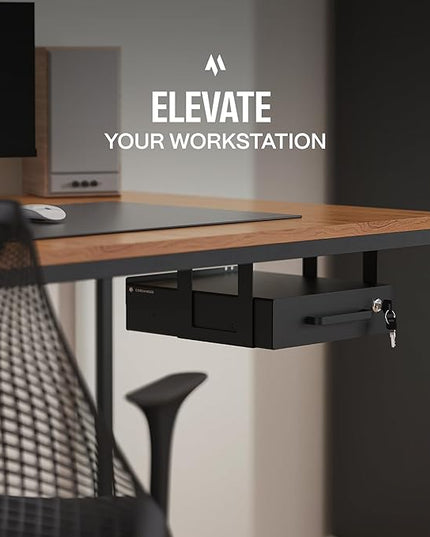 Under Desk Drawer Slide-Out – Lockable Metal Storage Drawer with Cable Management for Office & Home (Single, Bracketed)