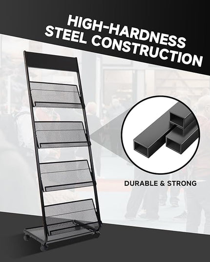 Floor-Standing Magazine Rack 4-Layer with Wheels, Brochure Display Stand for Exhibitions, Office, and Any Organization Requiring Information Display