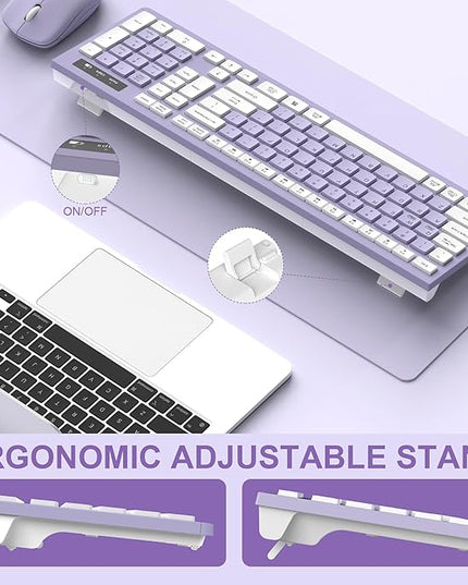 Wireless Keyboard and Mouse Combo, Full-Sized Wireless Keyboard and Adjustable DPI Mouse, 2.4GHz USB Receiver, Silent Keyboard and Mouse for PC, Windows, MAC, Desktop, Laptop(Purple)