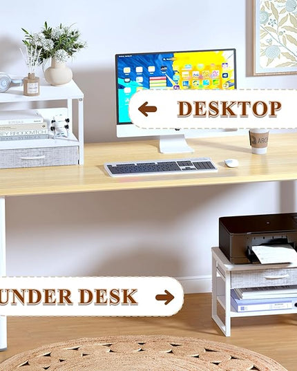 MARTY Printer Stand with Storage Drawer for Desk, 2-Tier Desktop Printer Stand Shelf Organzier for Home Office Printer Riser Under Desk Small Printer Table for Fax Machine Copier Scanner (White)