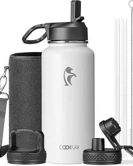 Coolflask Water Bottle 32 oz Insulated with Straw, Stainless Steel Metal 3 Lids Water Flask Wide Mouth for Sports or Office, Non-BPA Keep Cold Up to 48 Hrs or Hot Up to 24 Hrs, White