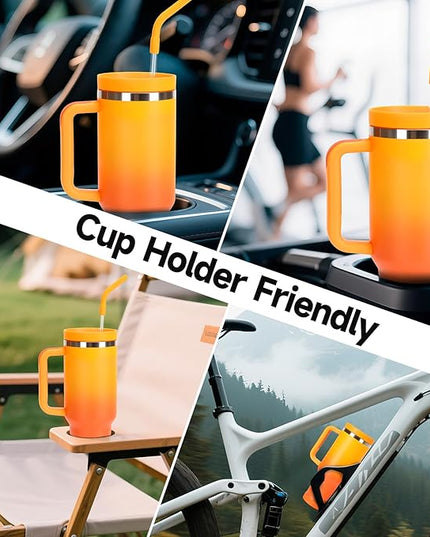 40oz Tumbler with Handle and Straw Spout 2-in-1 Lid, Spill Leak Proof Insulated Travel Cup Traveler Water Mug Keep Cold Hot, Dishwasher Safe Stainless Steel Bottle Gifts for Women Men, Ombre Orange