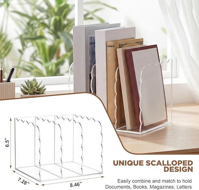 Suzile Scalloped Acrylic Magazine Holder Holder, 3-Compartment 4mm Thick, Clear Desk Organizer Vertical Bookends 8.5 x 7.3 x 6.5 Inches for Office, Documents, Tablets, Magazines, Books