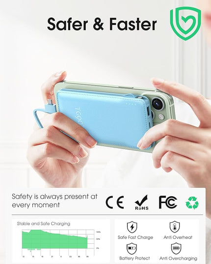 TG90° 10000mAh Power Bank with Built-in AC Wall Plug and Cables, Ultra Slim Phone External Battery Pack Portable Charger Compatible with iPhone and Android Devices