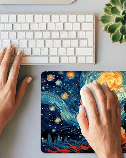 Cat Under The Night Sky Mouse Pad Square Mouse Pads with Stitched Edge, Computer Mousepad with Non-Slip Rubber Base for Computer Laptop Office Desk Accessories 9.5x8 Inches