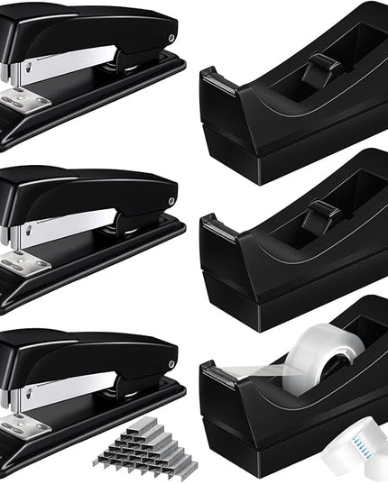 Thenshop 6 Pcs Desk Staplers Tape Dispensers Sets Black Staplers for Desktop Office with Standard Staples Black Holder with White Tape for Office School