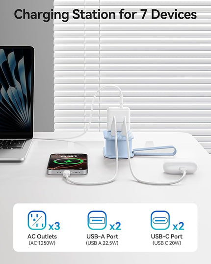 ORICO 22.5W Travel Power Strip, 7 in 1 Charging Station with 3AC, 2 USB-A, 2 USB-C, 4ft Thin Extension Cord, Flat Plug Fashion Essential for Travel/Home/Office/Library/Dorm -TK22