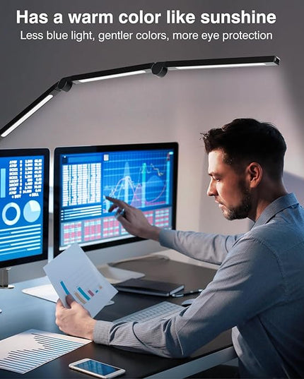 LED Desk Lamp with Clamp, Adjustable Swing Arm for Home Office, Dimmable Tempering Eye Care Table Light, Black Aluminum