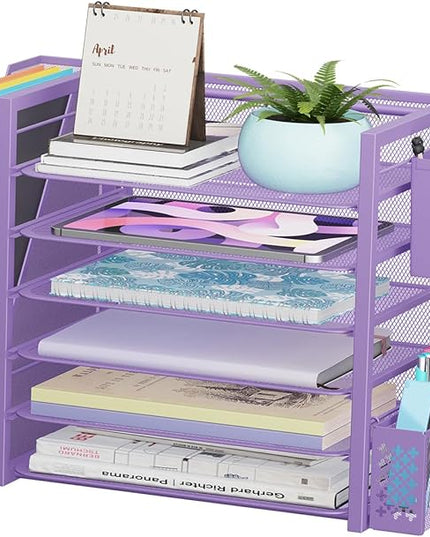 Simple Trending 6 Tier Desk File Organizer, Paper Letter Tray Organizer with File Holder and Pen Container, Purple