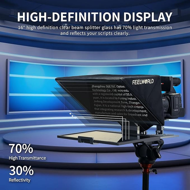 FEELWORLD TP16 16 Inch Folding Teleprompter for Up to 16" Tablet Horizontal Vertical Prompt for Live Streaming Interview Speech Online Teaching Vlogger with APP Remote Control Carry Case