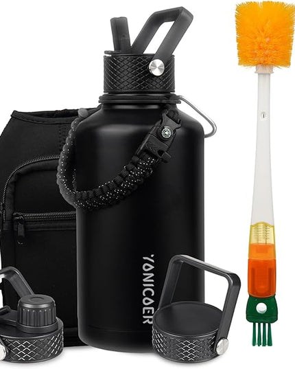 Insulated Water Bottle 64oz,Triple Wall Vacuum Stainless Steel(Dishwasher Safe),Leak Proof & Non-BPA,Flask Jug with Paracord Handle & Straw Spout Lids Sports Black
