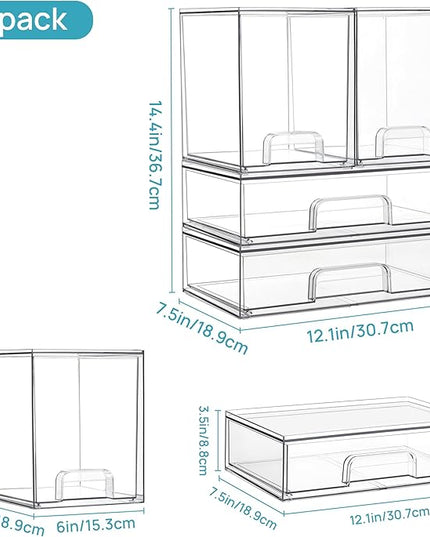 Vtopmart Clear Stackable Storage Drawers Set of 4, Plastic Organizer Bins for Makeup, Cosmetics, Beauty Supplies,Ideal for Vanity, Bathroom,Cabinet,Pantry Organization