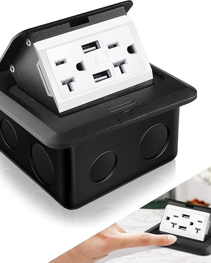 Hoolerry 1 Pack Pop up Floor Electrical Outlet Cover Box Kit with 4.8A USB Charger 20Amp Waterproof Weatherproof Floor Tamper Resistant Outlet Receptacle for Countertop Home (Black)