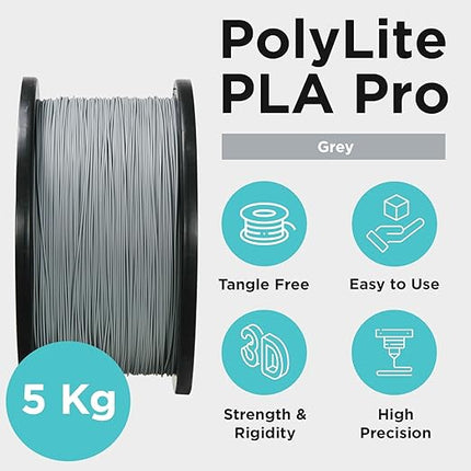 Polymaker PLA PRO Filament 1.75mm 5kg, Tough & High Rigidity Grey 3D Printing Filament, PolyLite PLA PRO 3D Printer Filament 1.75mm, Print with Most 3D Printers