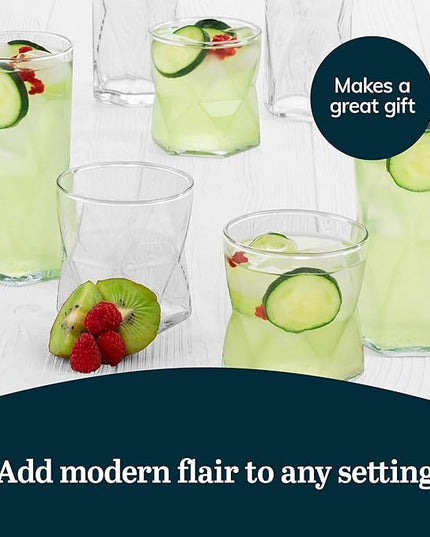Libbey Rhombus Tumbler and Rocks Drinking Glasses Set of 16, Fun Geometric Glass Cups Set, Kitchen Glasses Set for Cocktails, Water, and Everyday Use