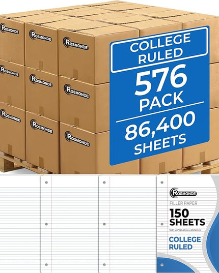 Rosmonde 576 Pack (Pallet) Loose Leaf Paper Bulk, 86400 Sheets, College Ruled, 150 Sheets/Pack, 8 x 10.5", Pallet of Filler Paper, 3 Hole Punched, 56 Gsm Thick Paper, School & Office, 4-7 Days Transit