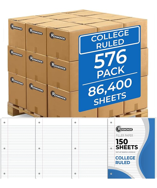 Rosmonde 576 Pack (Pallet) Loose Leaf Paper Bulk, 86400 Sheets, College Ruled, 150 Sheets/Pack, 8 x 10.5", Pallet of Filler Paper, 3 Hole Punched, 56 Gsm Thick Paper, School & Office, 4-7 Days Transit