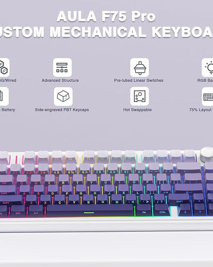 AULA F75 Pro Wireless Mechanical Keyboard,75% Hot Swappable Custom Keyboard,RGB Backlit,Pre-lubed Linear Switches,Side Printed PBT Keycaps Mechanical Gaming Keyboards,Gradient Purple