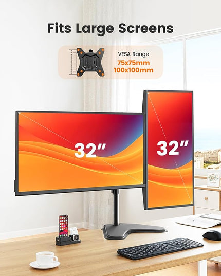 ErGear Freestanding Dual Monitor Stand for 2 Screens up to 32 inch, Heavy Duty Monitor Mount Holds Max 17.6 lbs per Arm, Height Adjustable Gaming Monitor Stand for Desk, VESA 75x75/ 100x100mm, Black