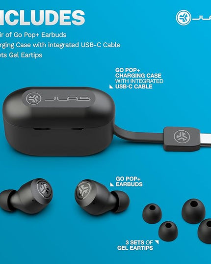 JLab Go Air Pop+ True Wireless Earbuds, in Ear Headphones, Bluetooth Earphones, 35H Playtime Ear Buds, Bluetooth Earbuds with Microphone, USB-C Charging Case, Dual Connect, EQ3 Sound, Black