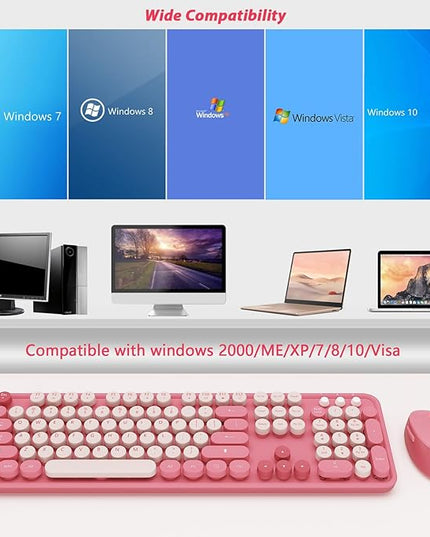 Wireless Keyboard,KOOTOP Cute Colorful 104 Keys Typewriter Retro Round Keycaps Keyboard for PC Laptop,Desktop,Windows, Home and Office Keyboards(Pink)