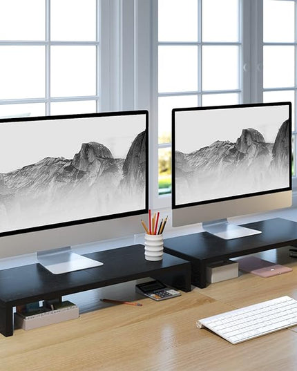 TEAMIX 2 Pack Monitor Stand Riser-20 inch, Black Desktop Stand for PC/TV/Laptop/Printer, Keyboard Shelf Organizer Wood Monitor Riser with Storage