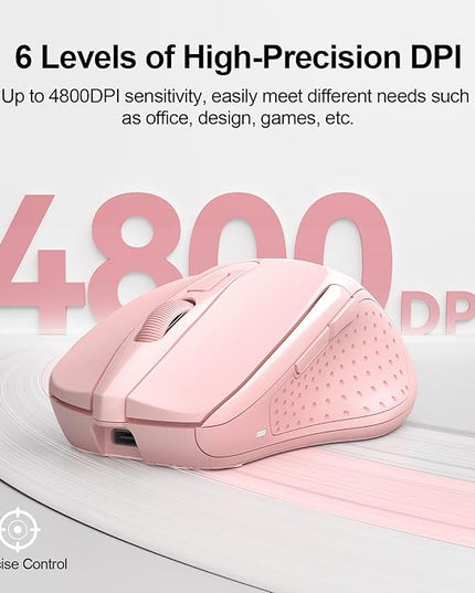 TECKNET Wireless Mouse (BT5.0/3.0 & 2.4G) Rechargeable 4800 DPI Silent USB A & Bluetooth Mouse 6 Buttons, Wide Compatibility - Pink