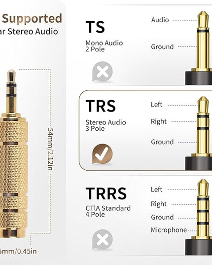 Nadadora 3.5mm Male to 6.35mm Female Stereo Headphone Adapter, 1/8 to 1/4 Audio Jack Converter for Headphones, Guitar Amp, Speaker, Mixer, 2 Pack