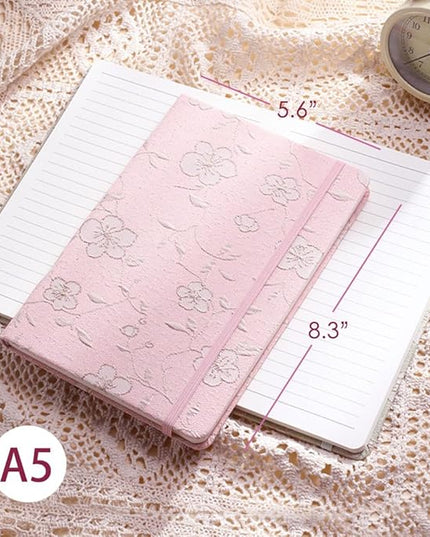A5 Notebook, Ruled Paper, Lined Page, Hardcover, Layflat, Linen Cover, Flower Fabric, Journal for Women, Elastic Band Closure, Cute Notebooks for School, Office, Personal Writing, Pink