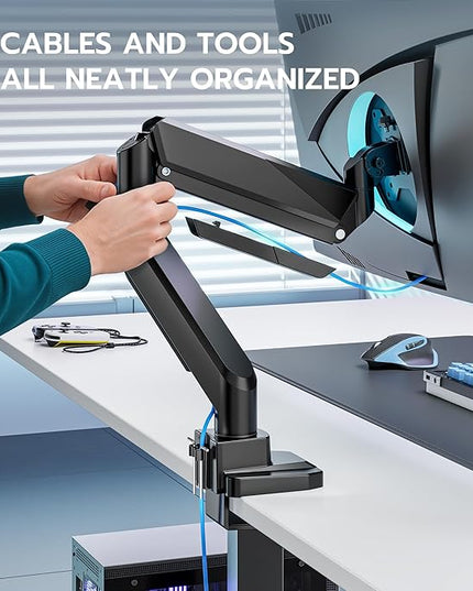 ARES WING Single Monitor Arm, Heavy Duty Adjustable Monitor Arm for 13"-49" Screens with USB, Gas Spring Desk Mount Stand with C Clamp/Grommet Mounting Base up to 40lbs Computer, Black