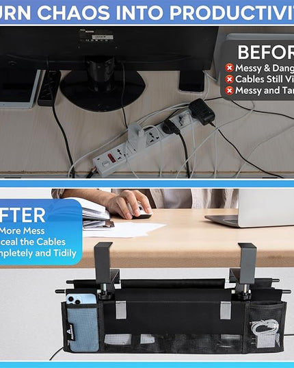Under Desk Cable Organizer with Mesh Slot for Ventilation, Quick Mount with Clamp or Screws to Hold Fabric Cable Tray, Kit for Tidy Cord & Wire Management for Home Office Standing Desk