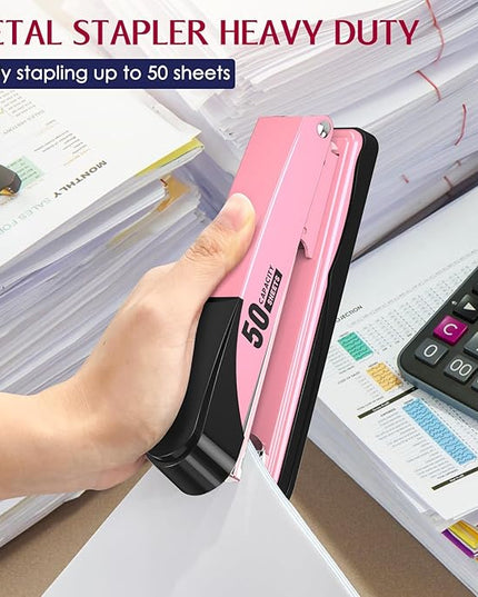 Metal Stapler Heavy Duty 50 Sheet Capacity with 1750 Staples and Staple Remover, Full Strip Staplers for Desk, No Jam, Non-Slip for Office & Classroom, Pink
