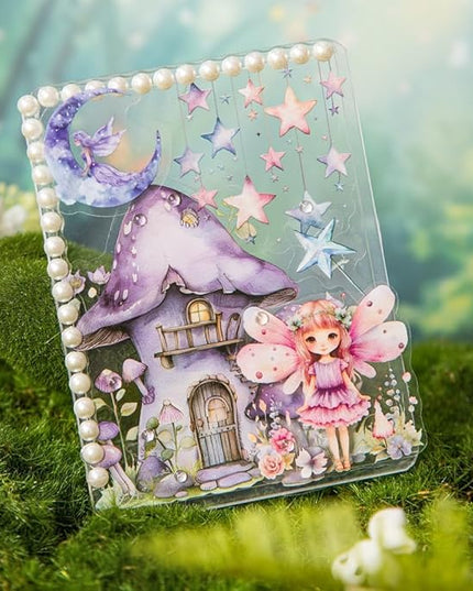 Dwpetzo Scrapbook Fairy Stickers for Scrapbooking Supplies, 80 Pcs Transparent PET Forest Mushroom House Scenery Stickers Ephemera for Junk Journals, Journaling, Collage, Art Crafts