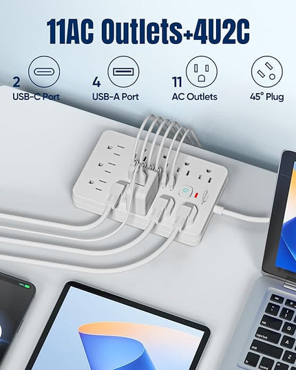 20 FT Flat Plug Surge Protector Power Strip,11 Multiple AC Outlets with 6 USB Ports (2 USB C), 20 Feet Extension Cord, 1250W/10A, One Touch Switch Button, White