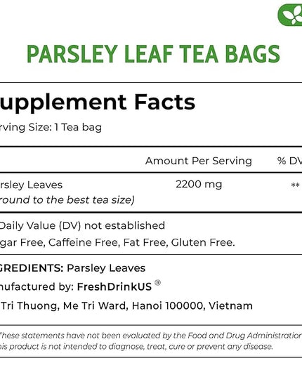 FreshDrinkUS, Premium 75 Parsley Leaf Tea Bags, 100% Natural & Pure from Parsley Leaves. Loose Leaf Parsley Herbal Tea. Made with Natural Material Tea Bags. No Sugar, No Caffeine, No Gluten, Vegan.