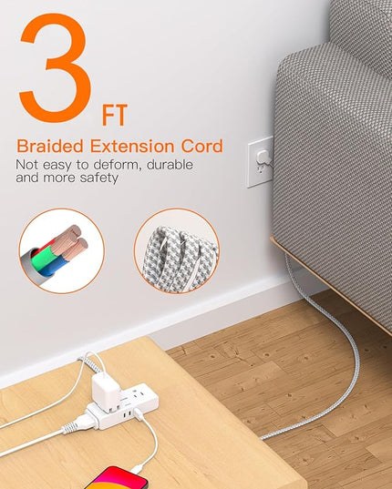 Flat Extension Cord 3 feet, Flat Plug Power Strip, 4 Widely Outlets with 3 USB Ports (2 USB C), 3 Side Outlet Extender with Extension Cord with Multiple Outlets for Home, Office, Dorm Room Essentials